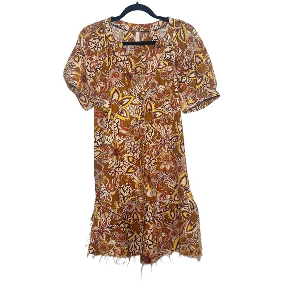 Anthropologie Pilcro Floral Tapestry Puff Sleeve Dress Size XS button linen rust - Picture 2 of 8